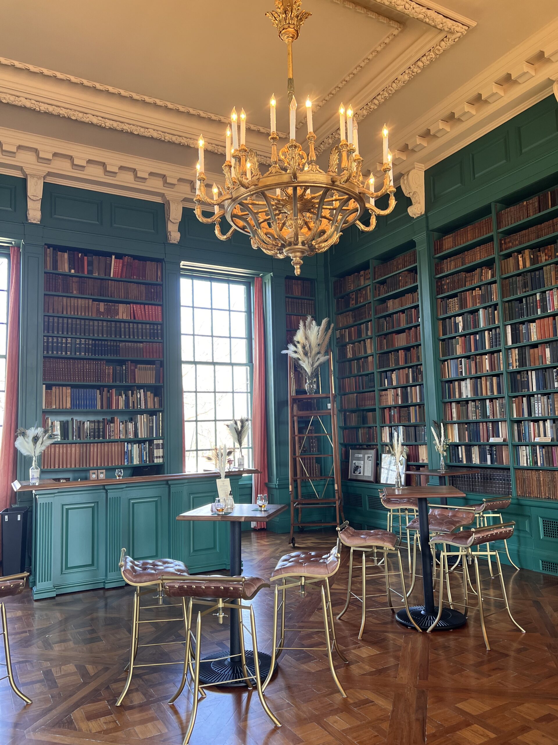An ornate room with floor to ceiling books, gold ceiling with chandelier and a small bar and bar tables, with leather seated stools. Large windows look out to the yard beyond.